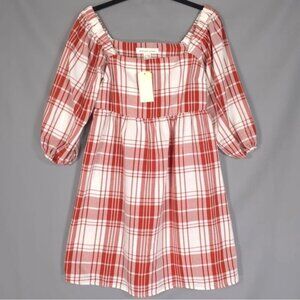 NWT Monteau Los Angeles Tiered Women’s Babydoll Mini Dress Red Plaid SMALL‎